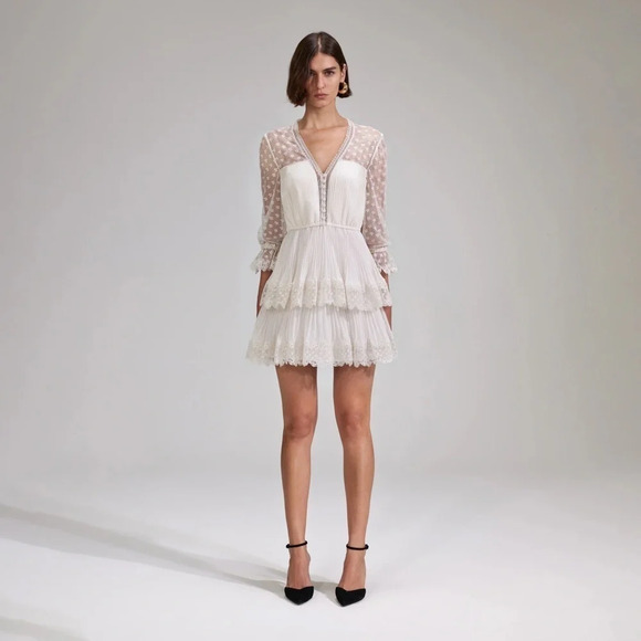 NEW Self-Portrait Chiffon Lace Tiered Mini Dress White Ivory | size UK 8 / US 4 - Picture 1 of 16